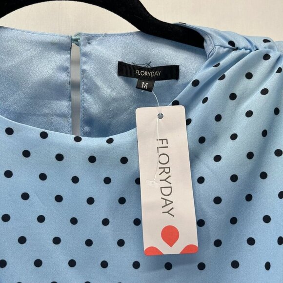 Floryday Dress Sz M Polka Dot Sheath Pleated Draped Sleeveless Knee Length Blue - Picture 7 of 10